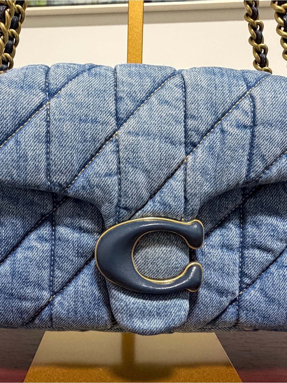 Coach Quilted Denim Shoulder Bag with Gold Chain and Dark Hardware - Blue - Picture 4 of 9